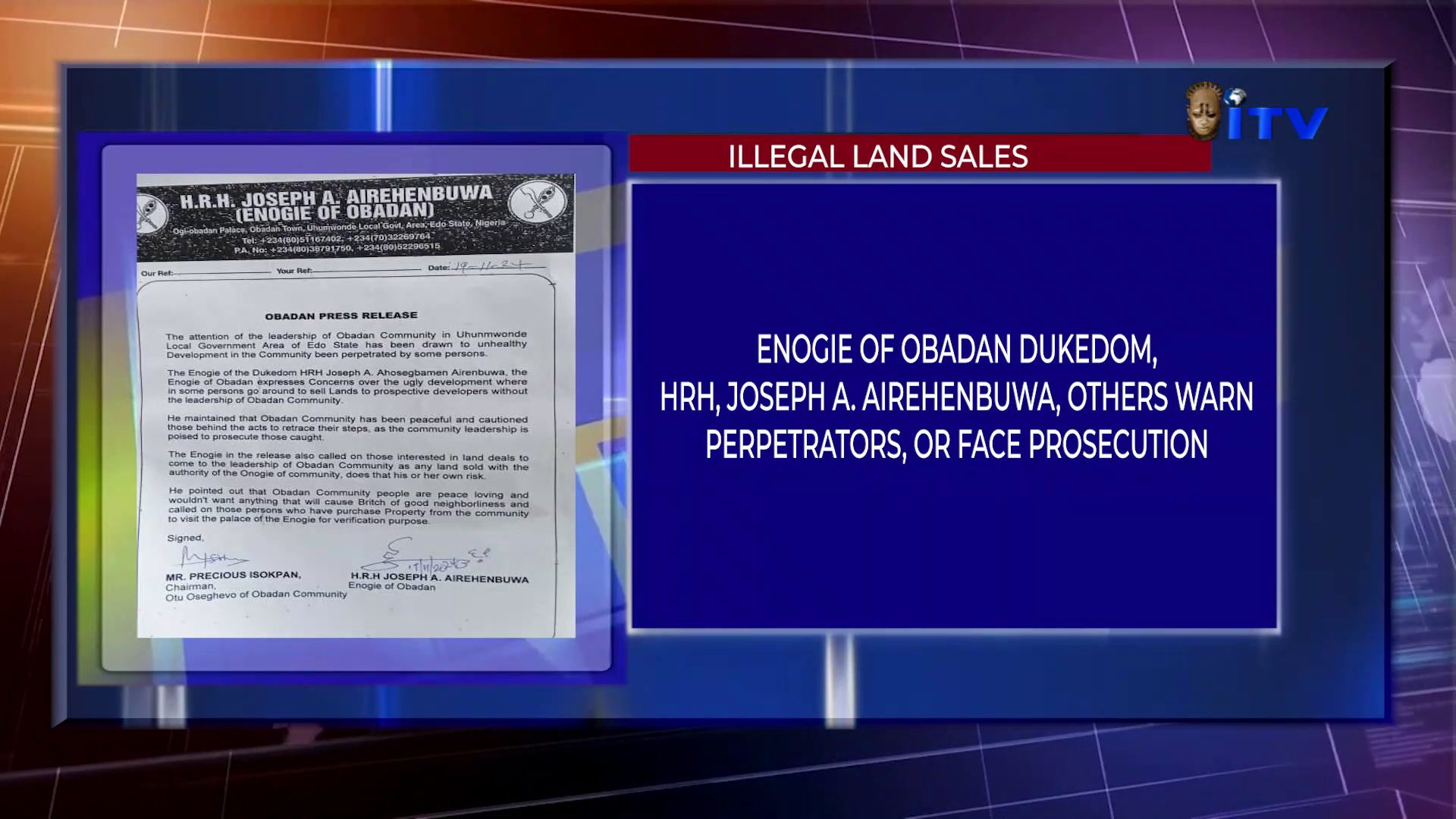 ILLEGAL LAND SALES: Enogie of Obadan Dukedom, HRH, Joseph A. Airehenbuwa, Others Warn Perpetrators, Or Face Prosecution